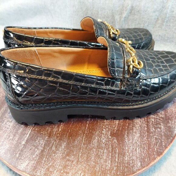 Circus NY Black Croc-Embossed Leather Loafers With Gold  Detail & Chunky Sole - Picture 8 of 16